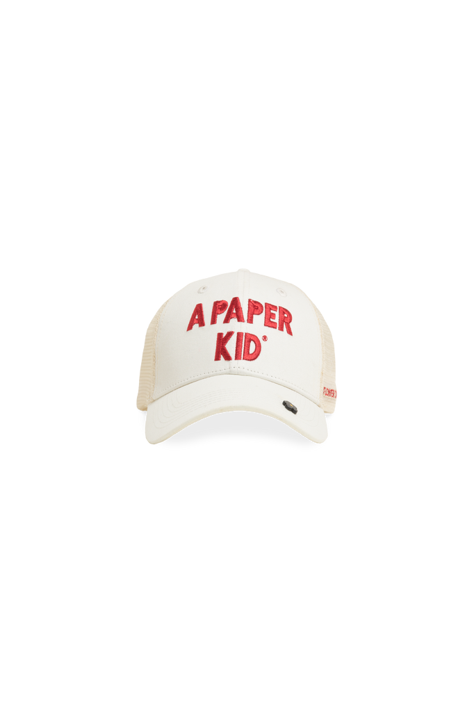 A Paper kid logo embroidered trucker hat